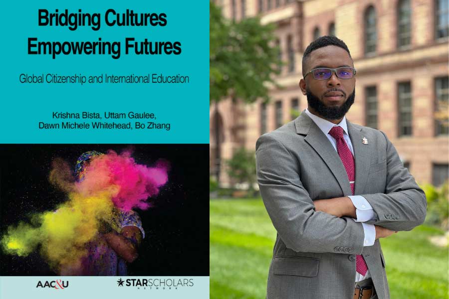 Asad Ikemba next to an image of the cover of a publication titled Bridging Cultures Empowering Futures Global Citizenship and International Education by Krishna Bista, Uttam Gaulee, Dawn Michele Whitehead, and Bo Zhang