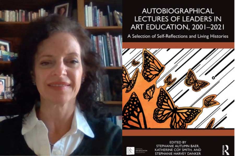 Katherine Coy Smith to the left of the cover of a publication titled Autobiographical Lectures of Leaders in Art Education, 2001-2021 A Selection of Self-Reflections and Living Histories