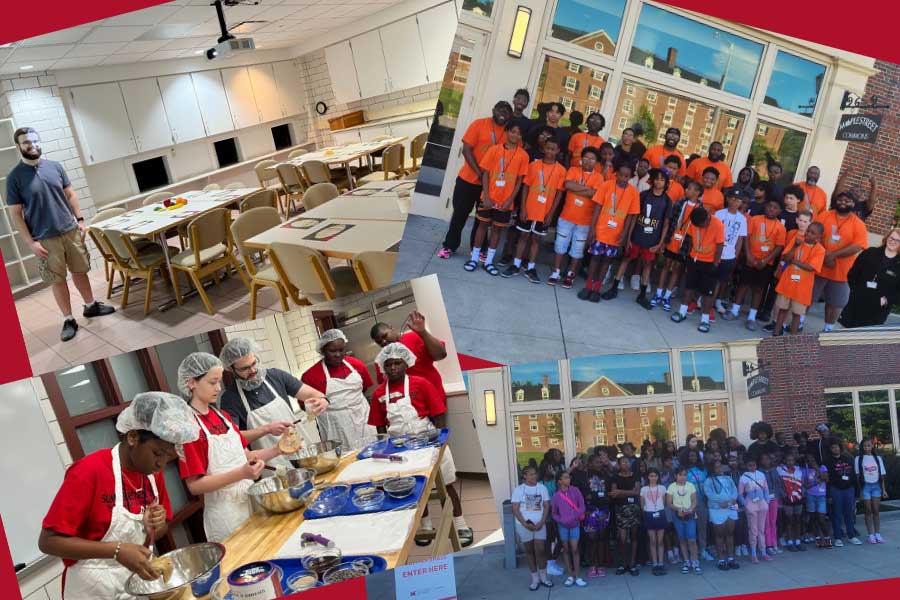 a collage of four pictures. The top left picture shows a faculty member in a room with multiple large tables with chairs around each table. The picture on the top right shows the group of middle schoolers with volunteers from Middletown City Schools. The picture on the bottom left shows a volunteer all dressed in aprons and hair nets teaching students how to cook. The picture on the bottom right shows the group of middle schoolers with volunteers from Cincinnati Public Schools.