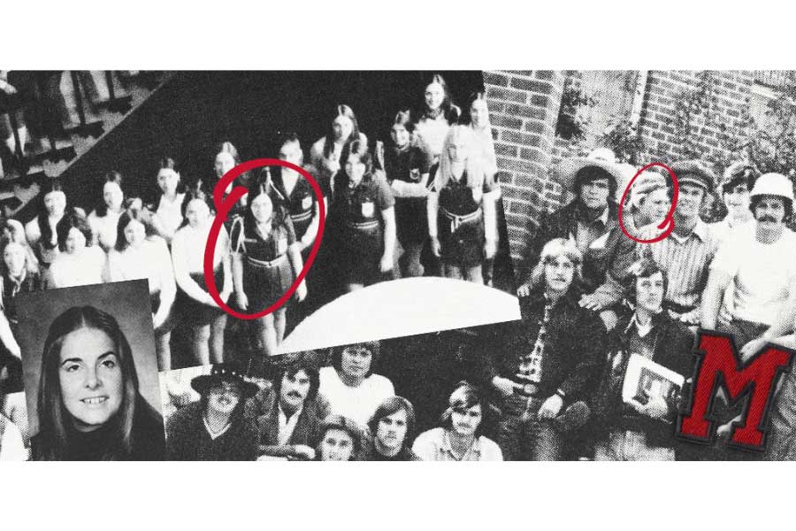 a collage of pictures from Miami University yearbooks with two people circled indicating Peggy Hamman Landes and Chuck Landes