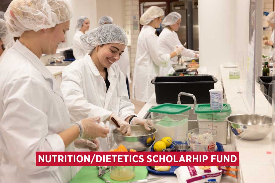 Students prepping food with the overlayed heading Nutrition/Dietetics Scholarship Fund