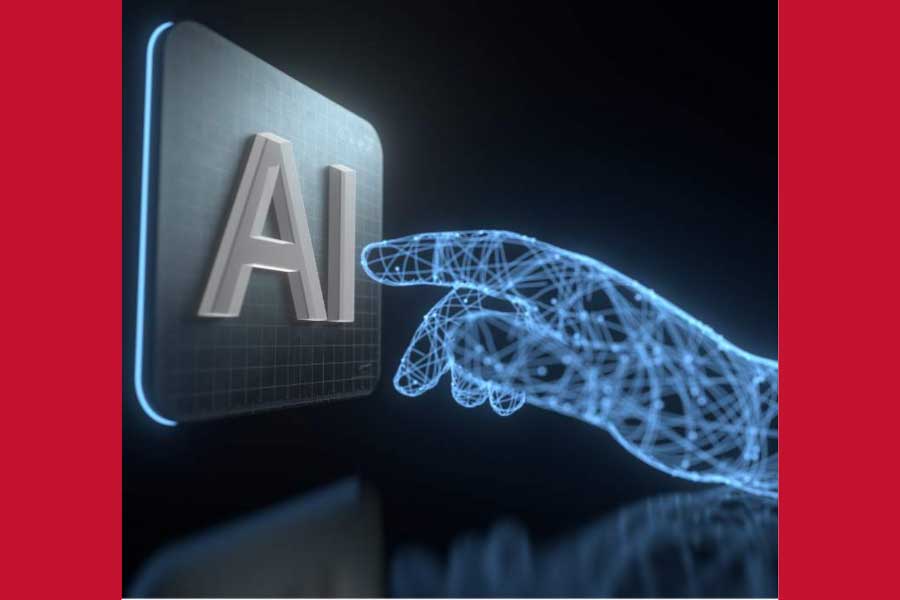 a 3D model of a hand pressing a button for AI