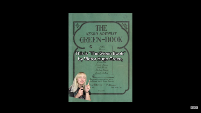 the cover of the Negro Motorist Green Book with a title overlay with the words This is the Green Book by Victor Hugo Green with a small cutout image of Gabrielle Byrd in the lower left corner pointing towards the title overlay in the center of the overall image