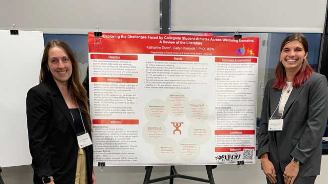 Carlyn Kimiecik and Katharine Dunn standing at the sides of their presentation poster
