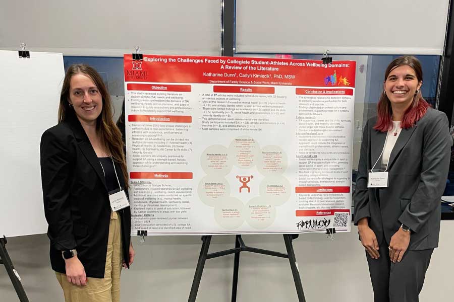 Carlyn Kimiecik and Katharine Dunn standing at the sides of their presentation poster