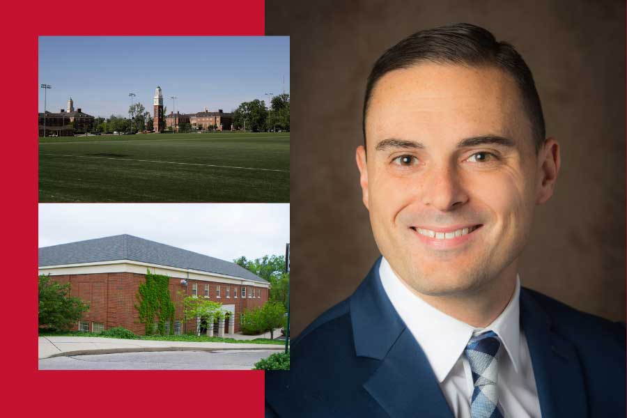 collage of images featuring Cook Field, Williams Hall, and Adam Beissel's headshot