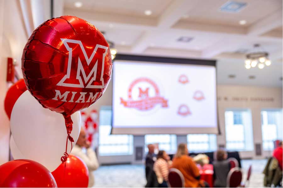 close up of a ballon labeled with a beveled M and Miami during the Years of Service Recognition Ceremony