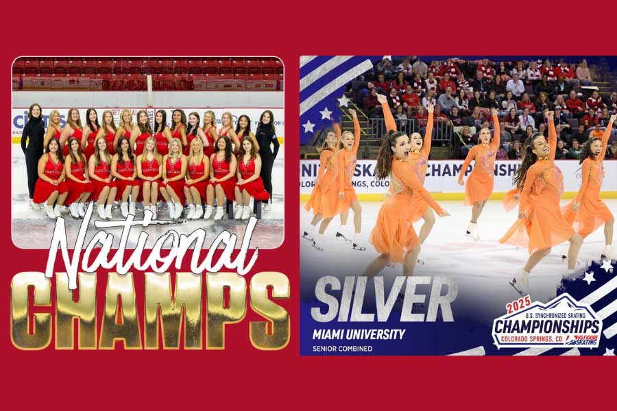 Advertisement of the Miami University Synchronized Skating  Collegiate team earning gold and the Senior team earning silver