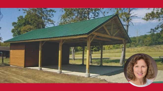 Helaine Alessio and new pavilion at Hueston Woods State Park