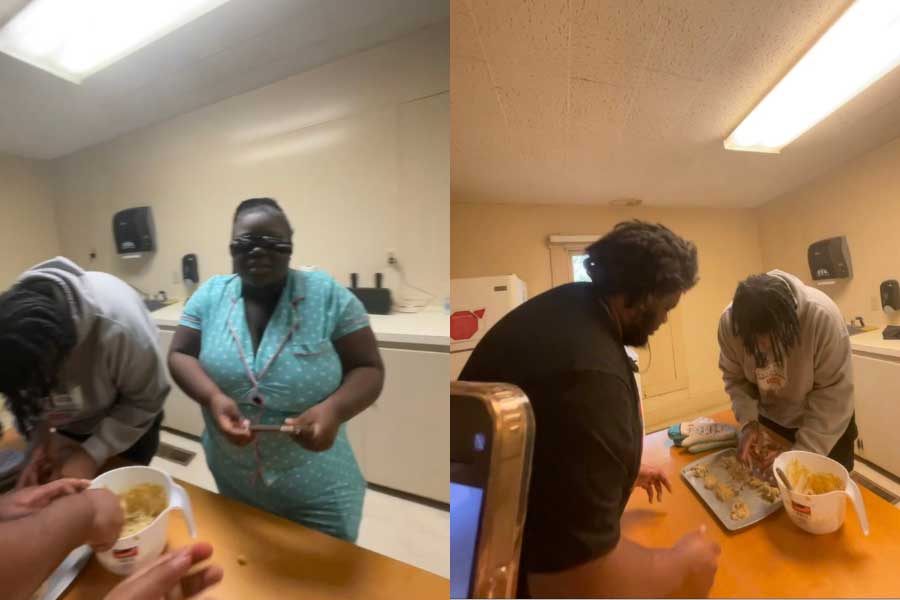 Two side-by-side photos showing individuals preparing food in a kitchen. On the left, two people are forming cookie dough balls; one person is smiling at the camera. On the right, two others are arranging the dough on a baking sheet.
