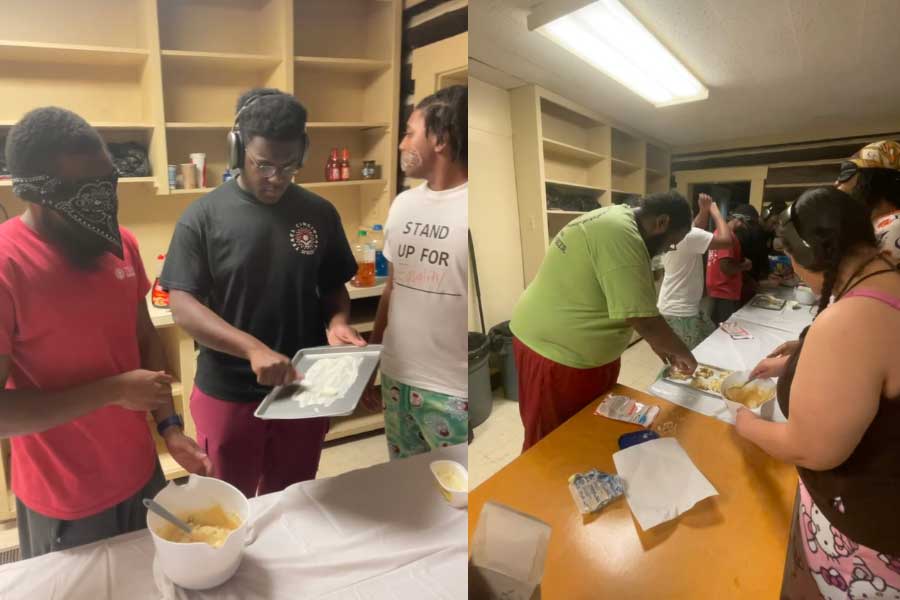 Two side-by-side photos of individuals preparing food in a kitchen. On the left, a person spreads frosting on a tray while others look on. On the right, a group of people works along a table to prepare or serve snacks.