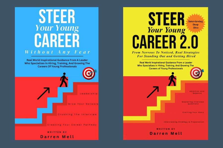Book covers for two books "Steer Your Young Career" and "Steer Your Young Career 2.0" by Darren Mell.