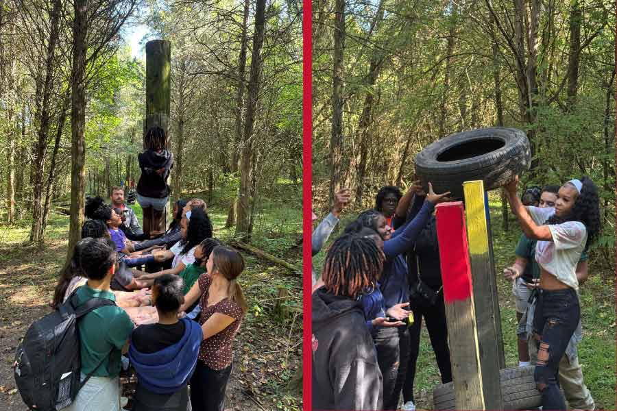 Two collaborative outdoor challenges show students lifting teammates and balancing a tire, demonstrating teamwork and problem-solving.