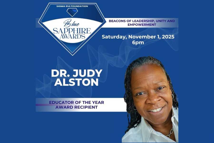 Dr. Judy Alston named 2025 Educator of the Year by the Blue Sapphire Awards, with ceremony details on a blue graphic.