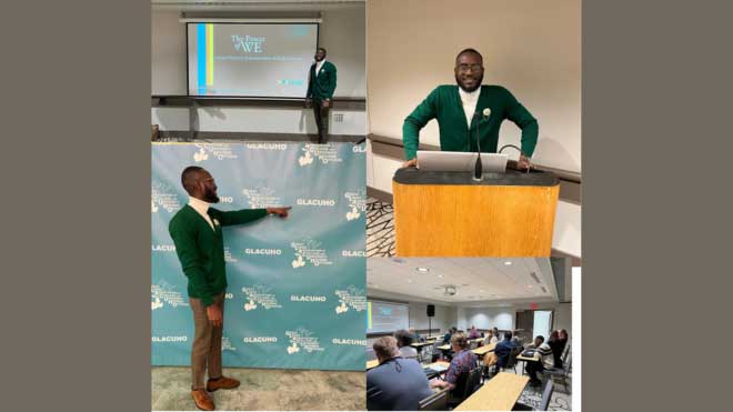 Four-photo collage: man presenting in front of screen, standing at a podium, pointing to a step-and-repeat backdrop, and leading a session for seated attendees.