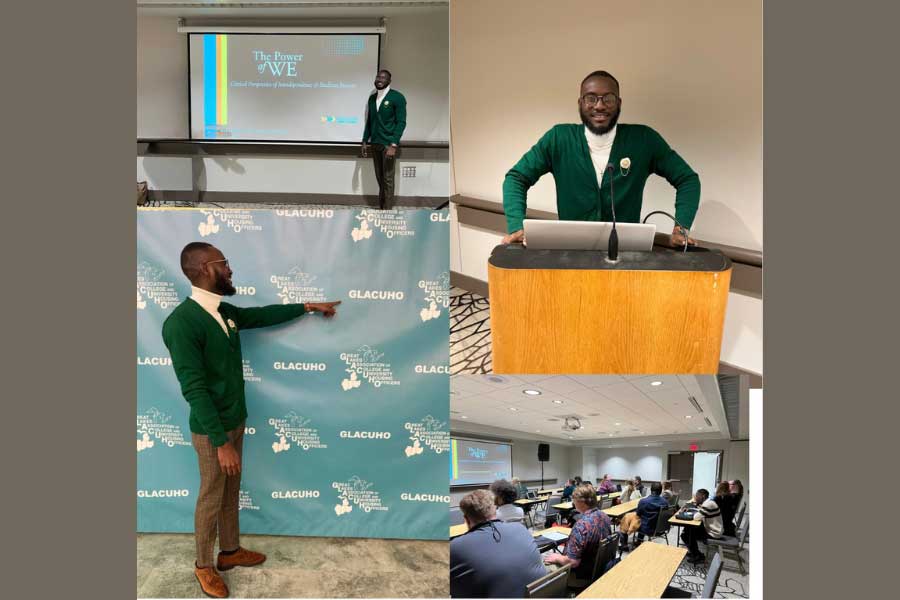 Four-photo collage: man presenting in front of screen, standing at a podium, pointing to a step-and-repeat backdrop, and leading a session for seated attendees.