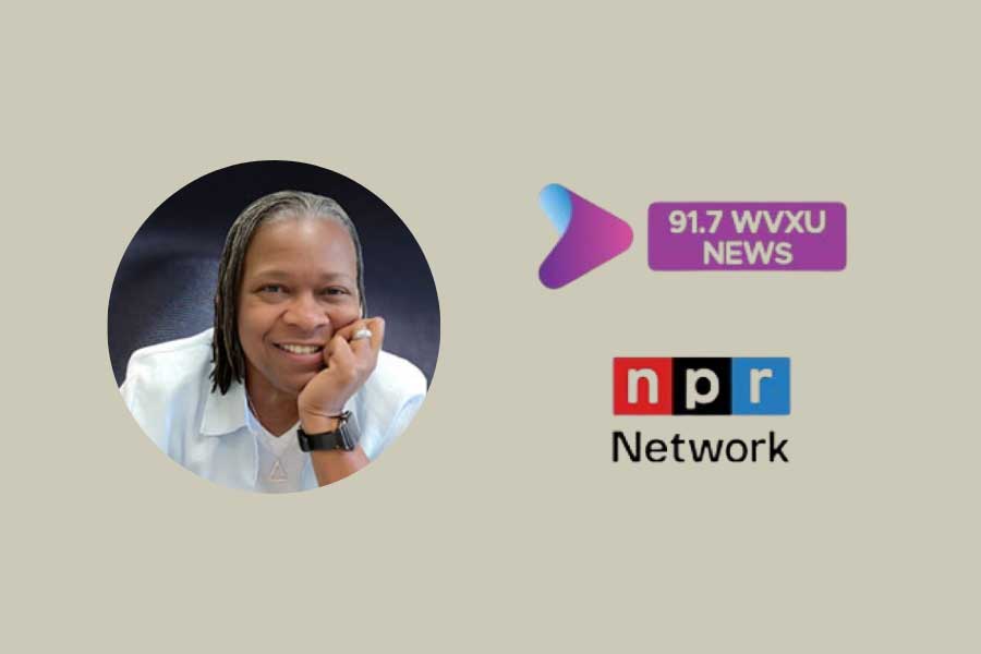 Judy Alston in a white shirt beside WVXU 91.7 News and NPR Network logos on a beige background.