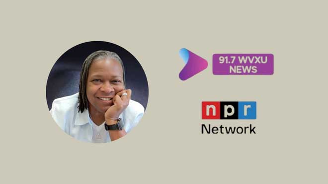 Judy Alston in a white shirt beside WVXU 91.7 News and NPR Network logos on a beige background.