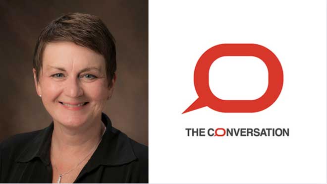 Tammy Schwartz next to the logo for The Conversation