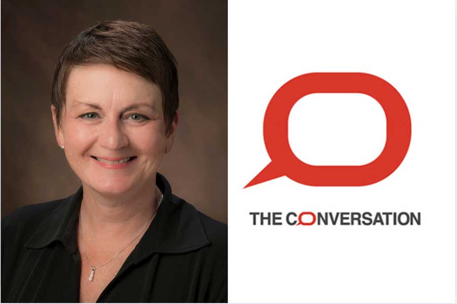 Tammy Schwartz next to the logo for The Conversation