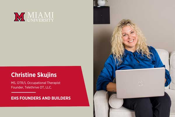 Christine Skujins, Miami University alum and telehealth entrepreneur, smiles while working on a laptop for her OT business.