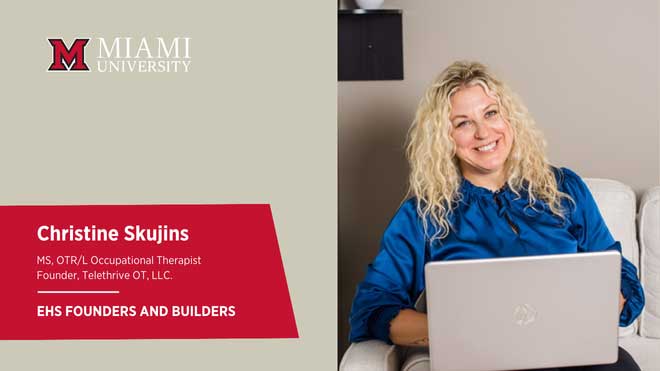Christine Skujins, Miami University alum and telehealth entrepreneur, smiles while working on a laptop for her OT business.