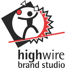 Highwire Brand Studio logo. Stick figure walking on what appears to be a tightrope in front of some geometric shapes.