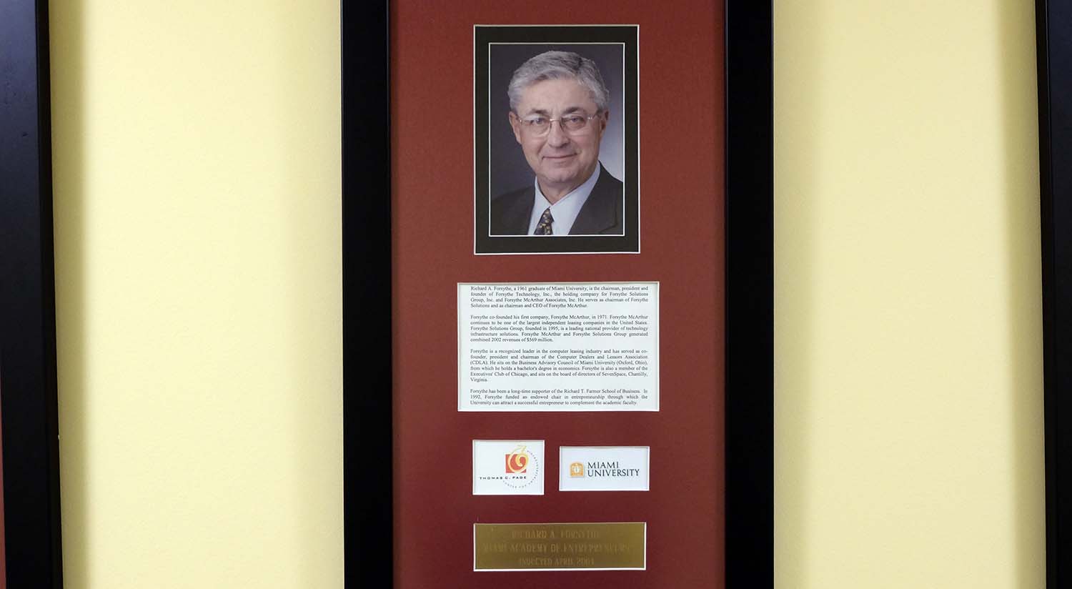 Richard Forsythe plaque in the Academy of Entrepreneurs wall