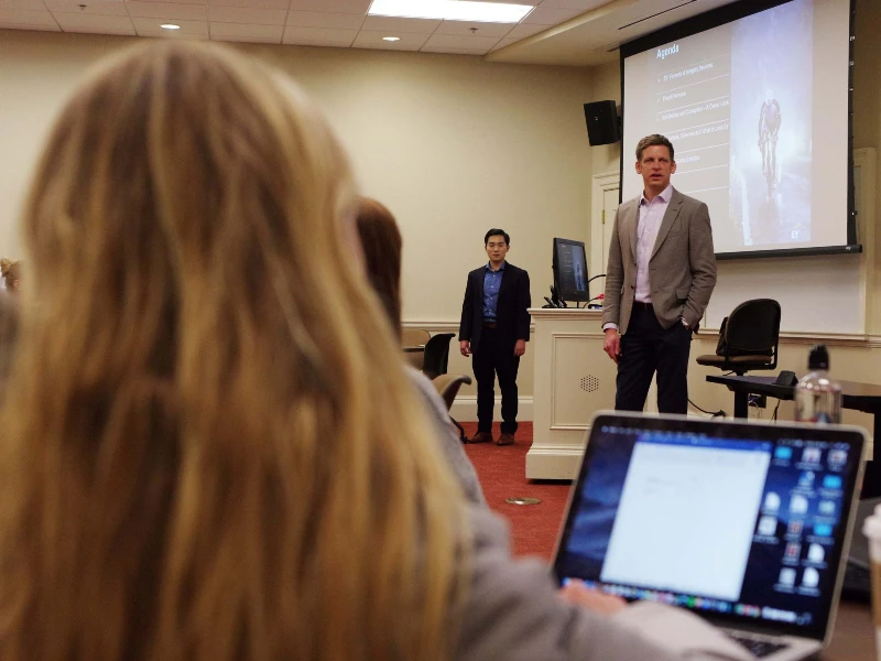 guest speaker presenting to finance class, standing in front of room, with presentation on board in background