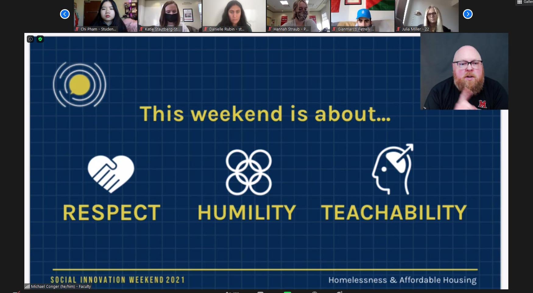 This weekend is about... Respect, Humanity, and Teachability graphic on a zoom call screenshot 