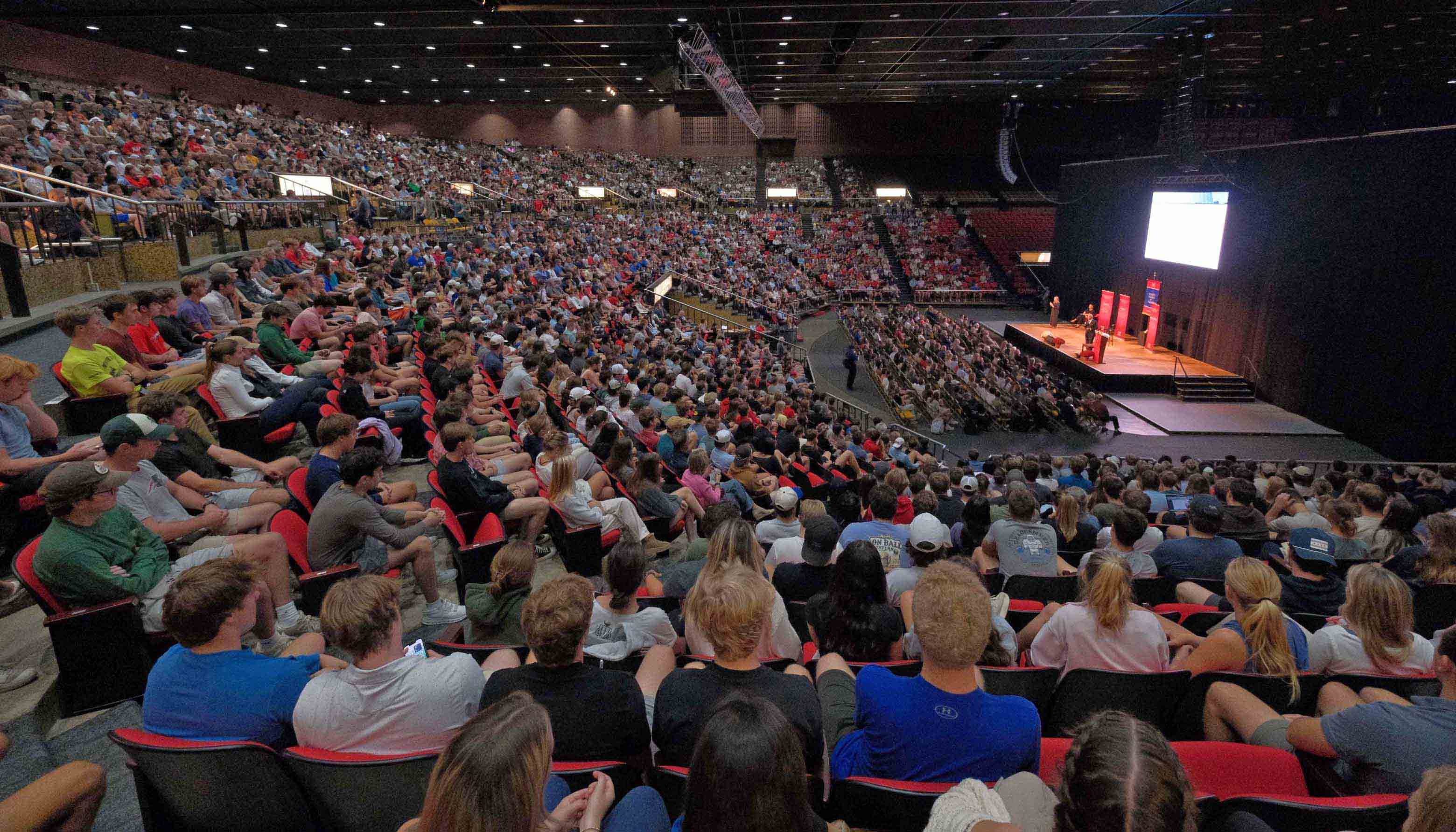 Wide shot of Millett Hall showing the crowd for Kevin O'Leary's speech
