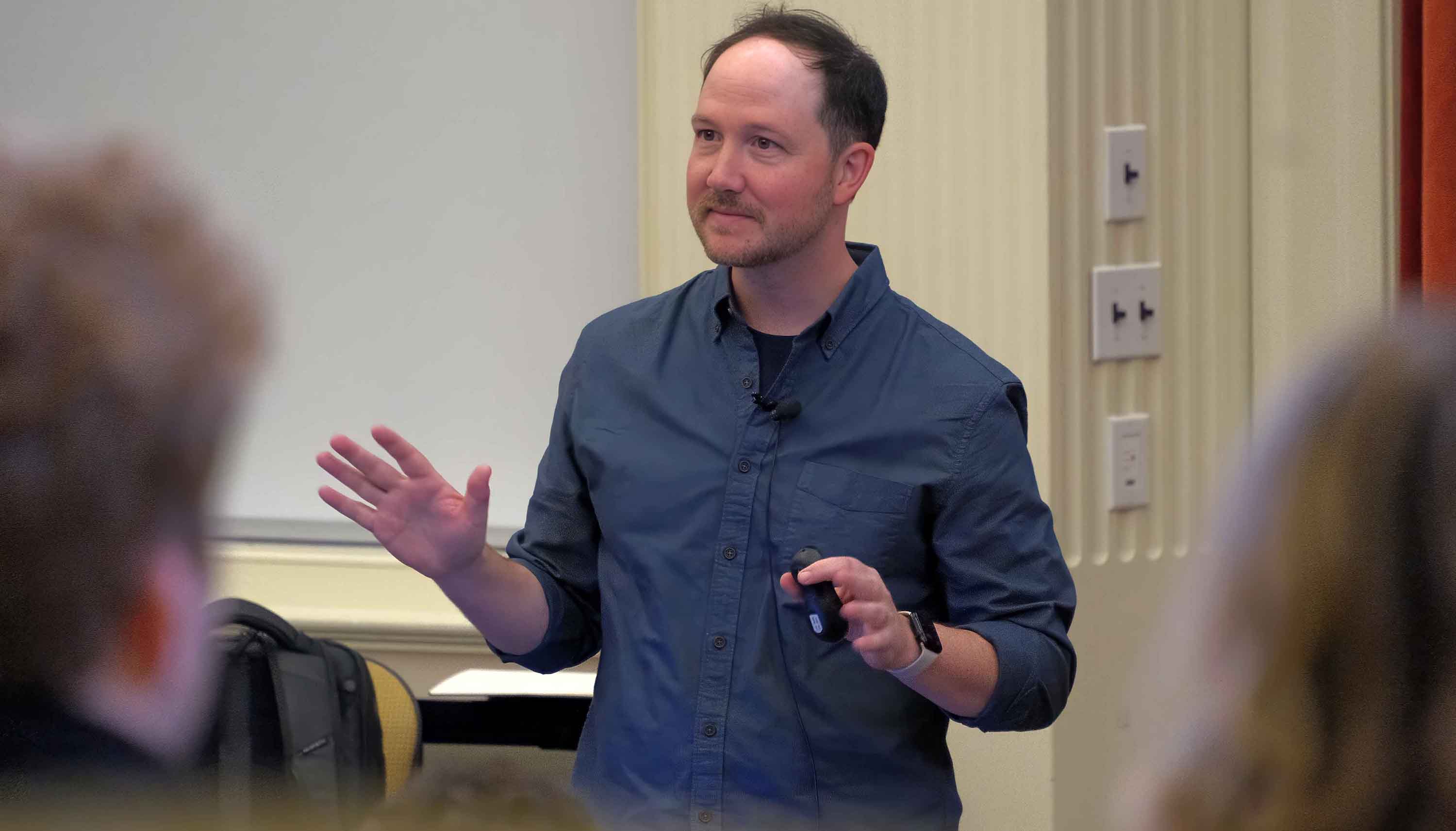 Nate Sowder lecturing in Taylor Auditorium