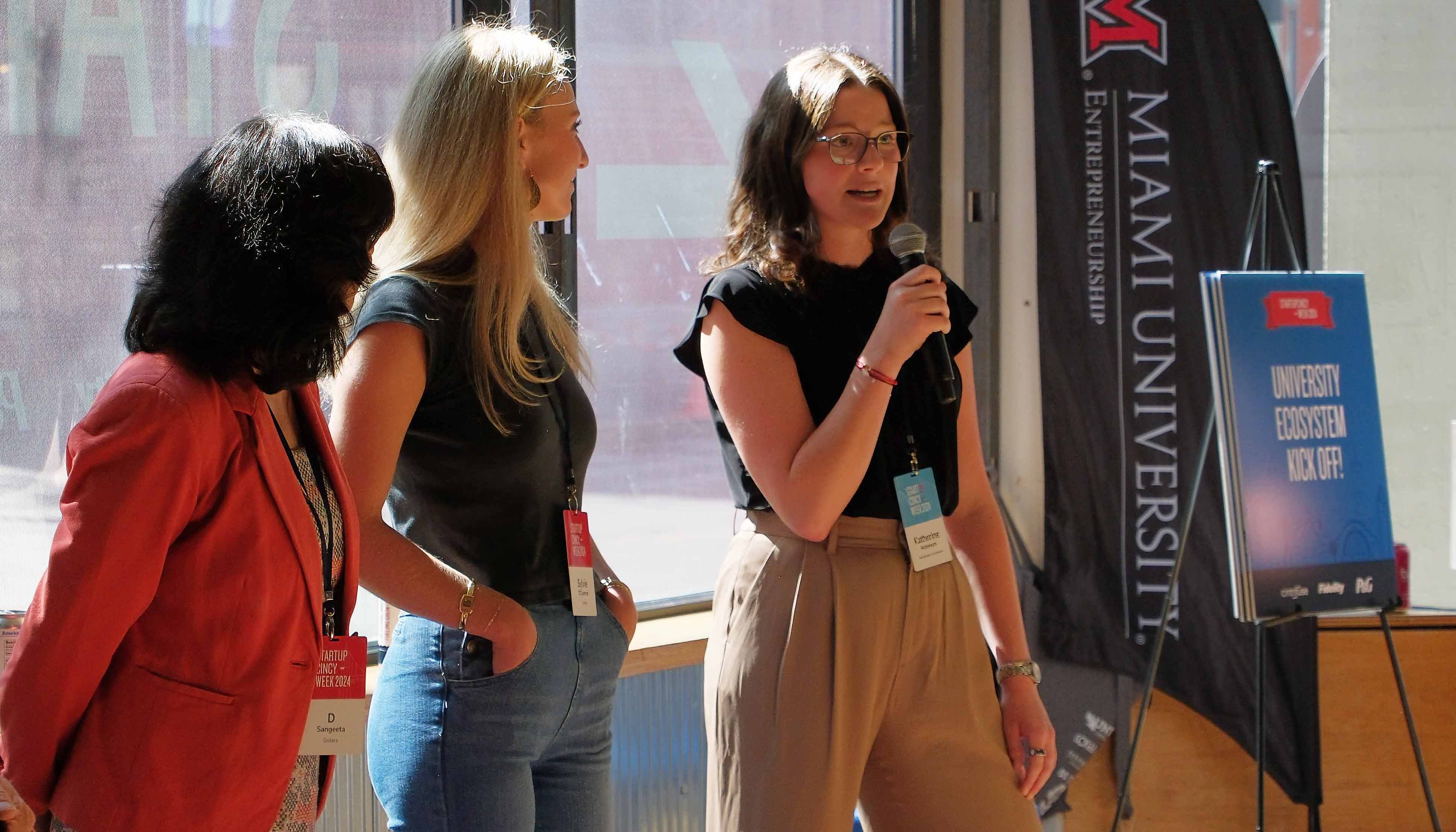 Katherine McIntosh talks to an audience during a session of StartupCincy Week