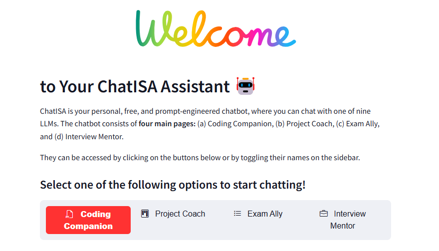 Screenshot of the ChatISA home screen