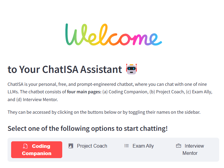 Screenshot of the ChatISA home screen