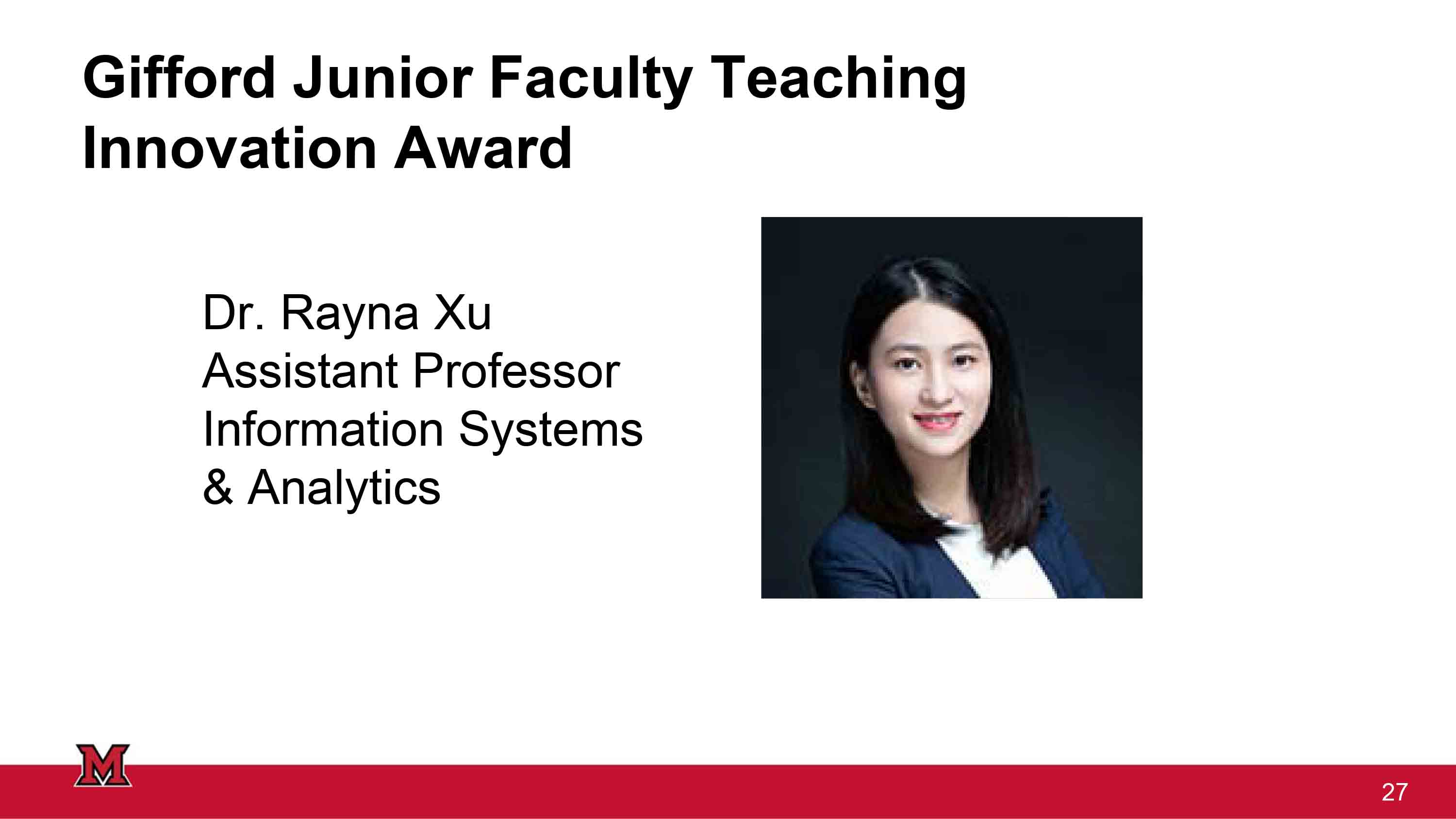 Headshot of Dr. Rayna Xu, Assistant Professor in Information Systems and Analytics, alongside the Gifford Junior Faculty Teaching Innovation Award title.