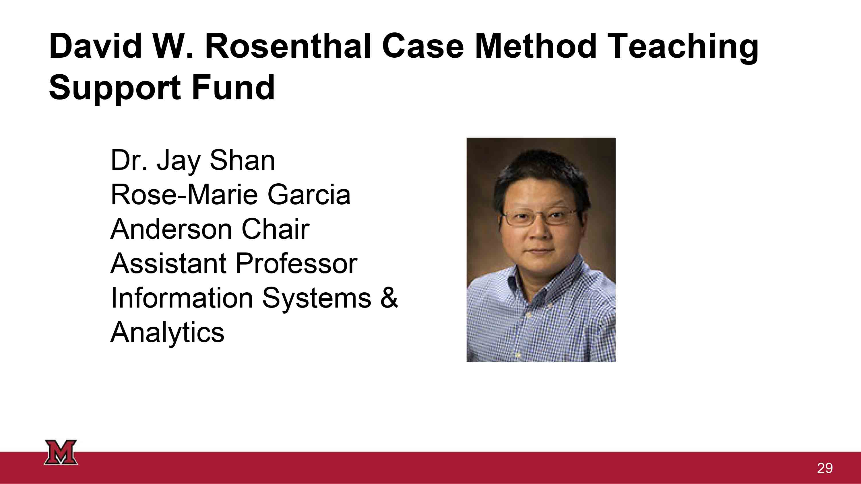 Portrait of Dr. Jay Shan, Assistant Professor of Information Systems & Analytics, featured in relation to the David W. Rosenthal Case Method Teaching Support Fund.