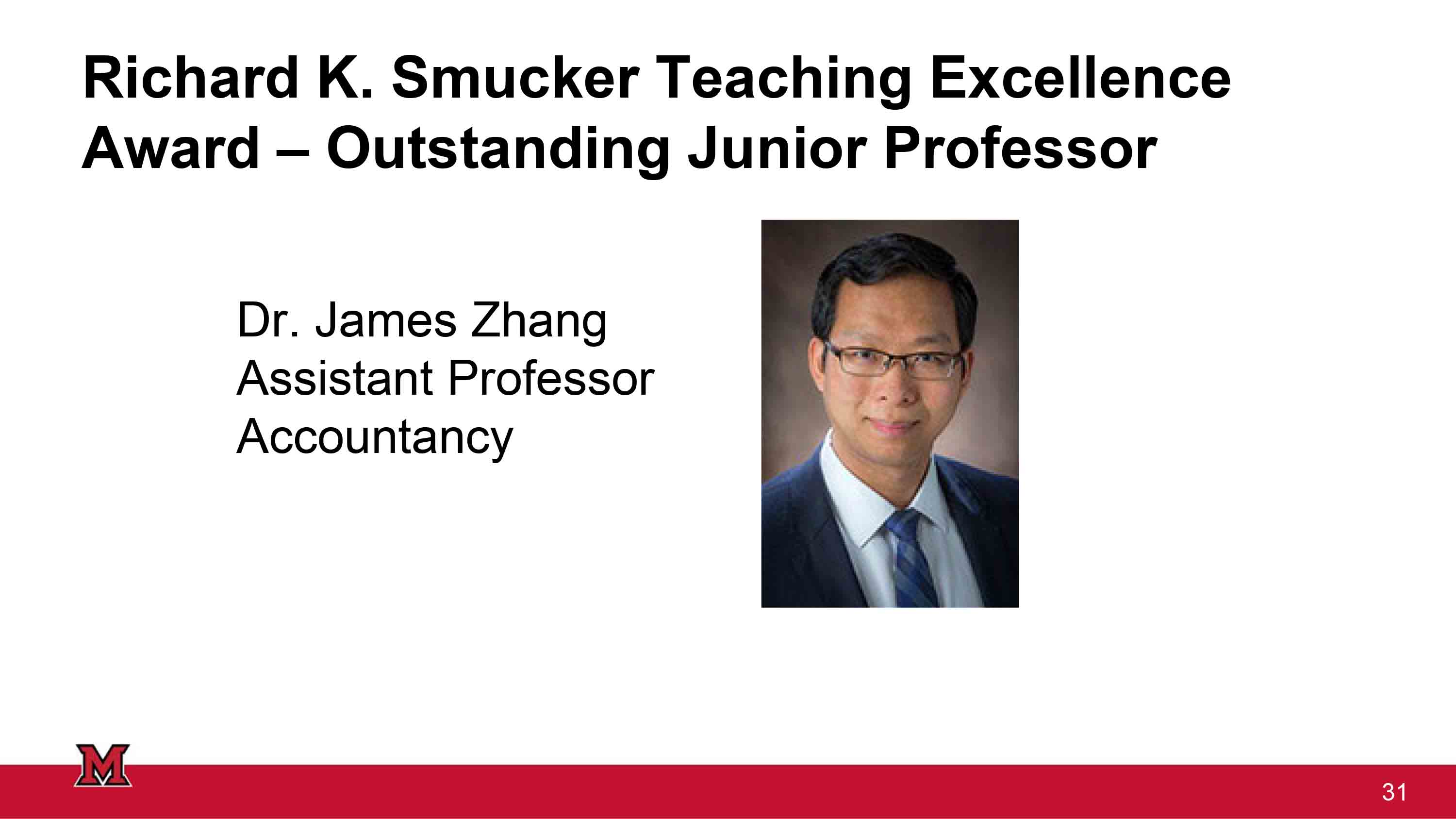 Headshot of Dr. James Zhang, recipient of the Richard K. Smucker Teaching Excellence Award for Outstanding Junior Professor in Accountancy.