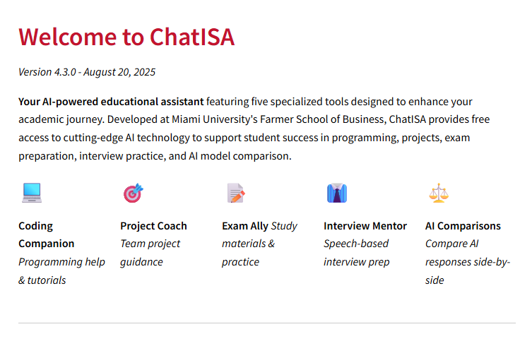 Screenshot of the ChatISA home screen