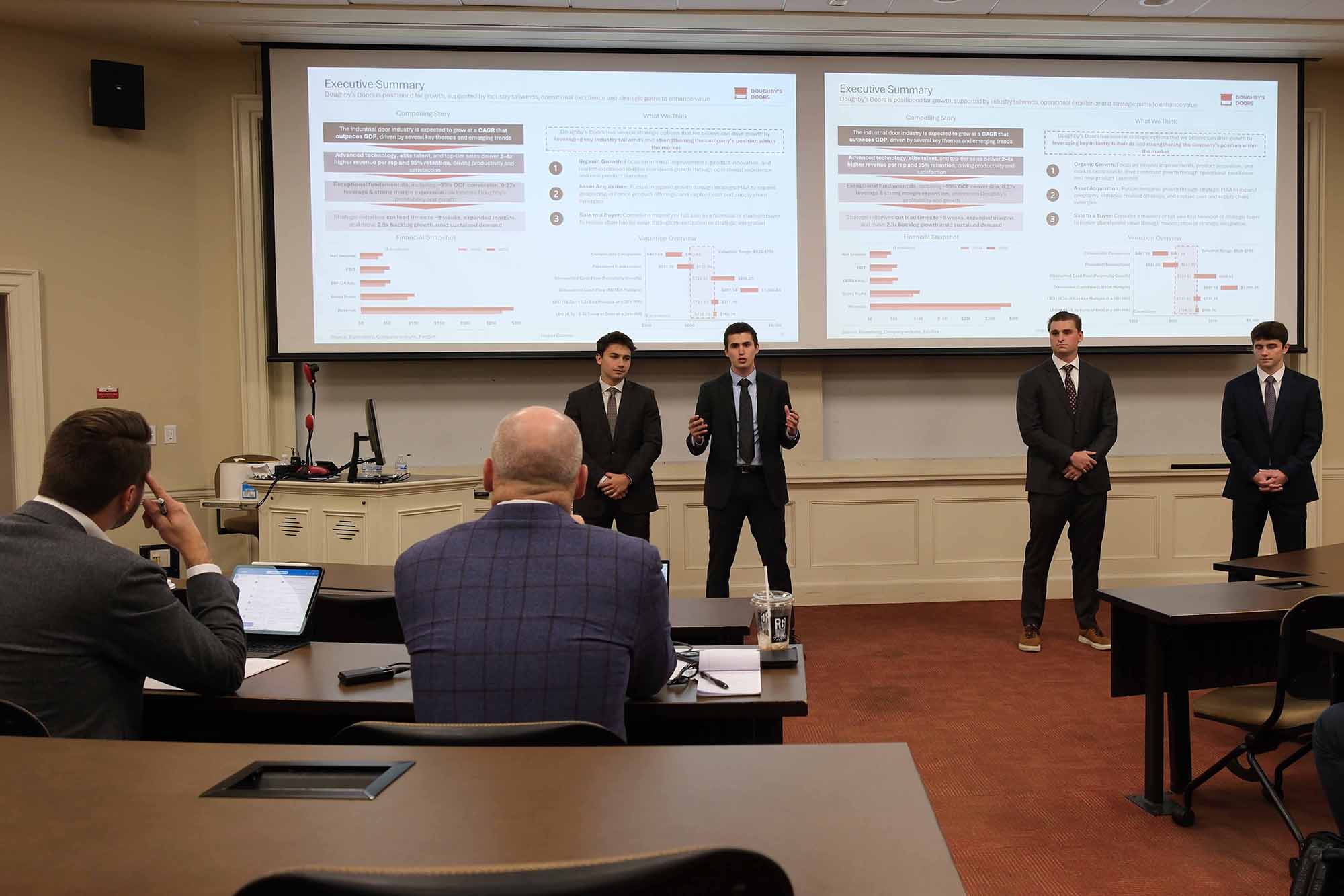 A group of presenters delivering a business pitch to an audience, with graphs and data displayed on large screens.