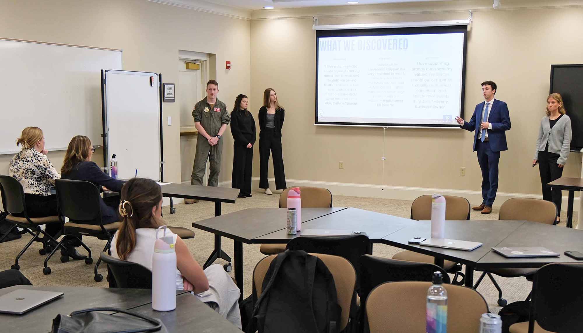 A group presentation in a classroom setting, featuring five individuals discussing their findings, while an audience observes.