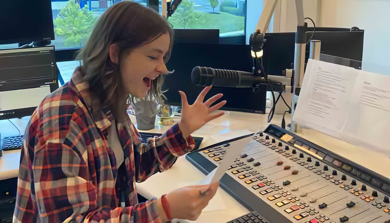 Lia Pistole recording the radio segments at a Cincinnati radio station