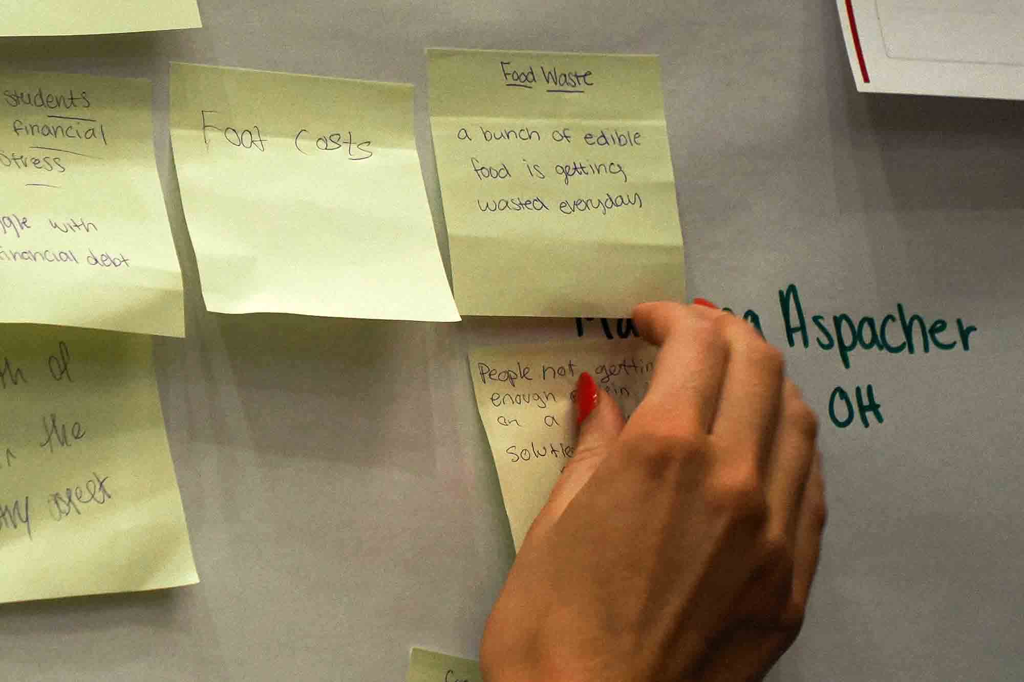 Hand placing sticky notes on a wall for brainstorming, including notes labeled "Food costs" and "Food Waste.".