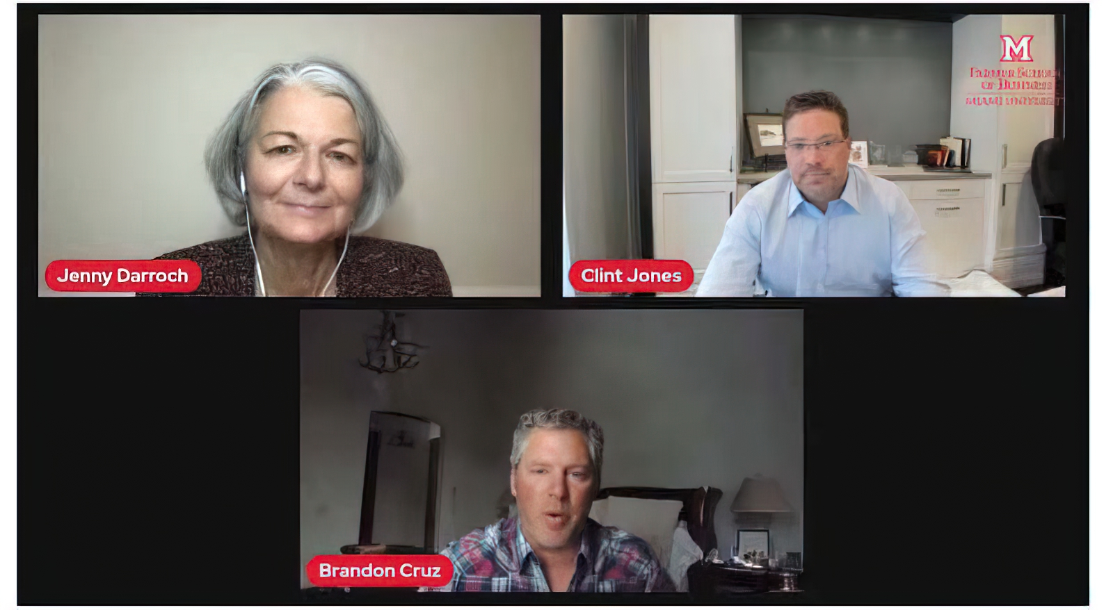 Jenny Daroch, Clint Jones, and Brandon Cruz on a Zoom call