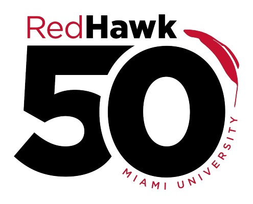 redhawk 50 logo, black text with red miami university and feather