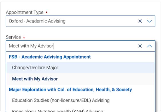 Drop Down Menu listing Service options