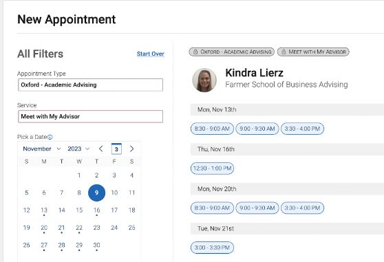 Graphic which shows dates and times for scheduling with academic advisor