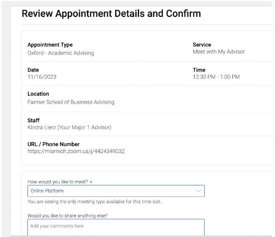 Graphic showing webpage where you can review the appointments of advising appointment 
