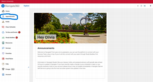 webpage which displays upcoming student appointments