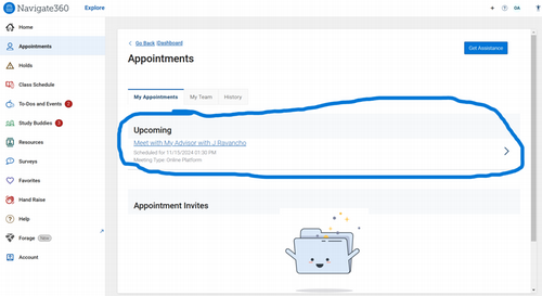 webpage displaying the upcoming appointments a student has